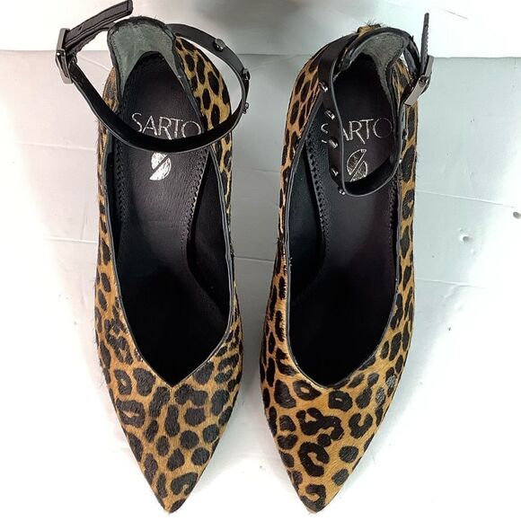 Sarto By FRANK SARTO A-Sarah Heel Calf Hair Cheetah Print Pointy Toe Brown SZ 8 - Picture 5 of 12